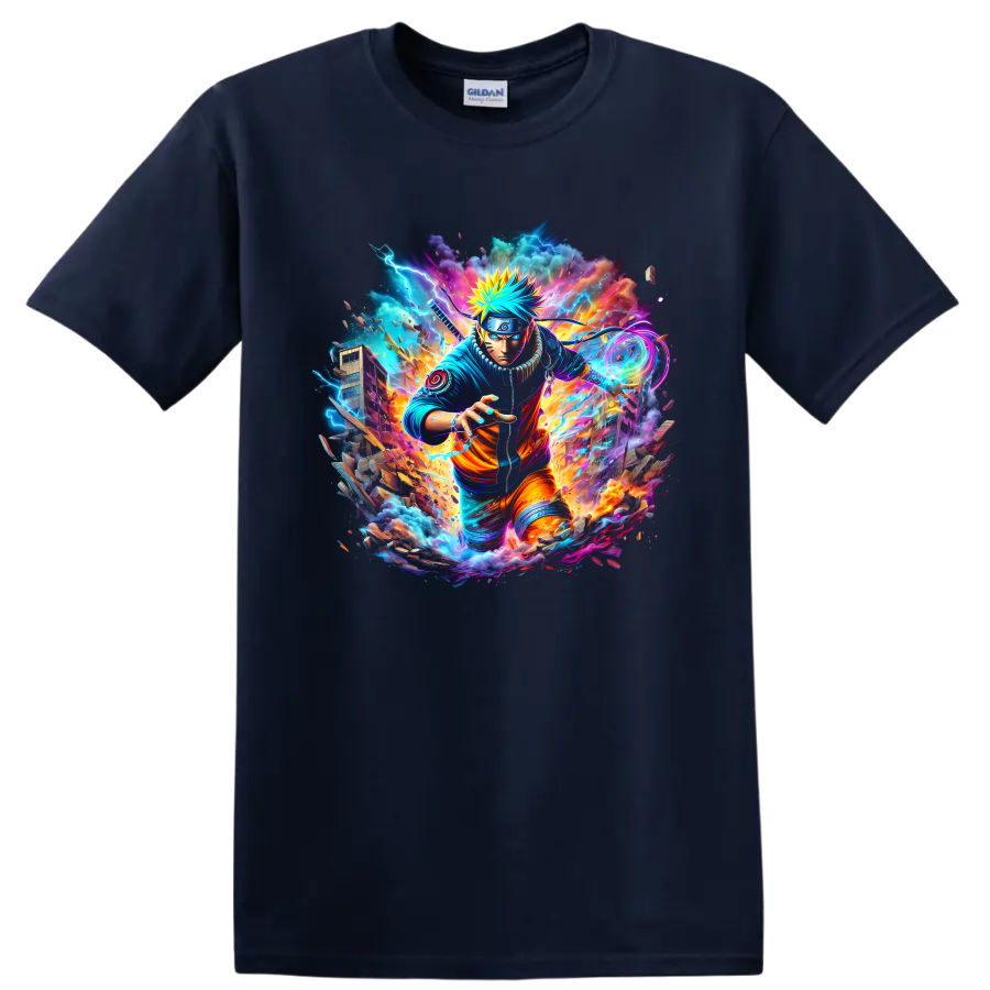 Naruto Uzumaki neon ninja action graphic with lightning and swirling energy on a Navy (Blue) T Shirt