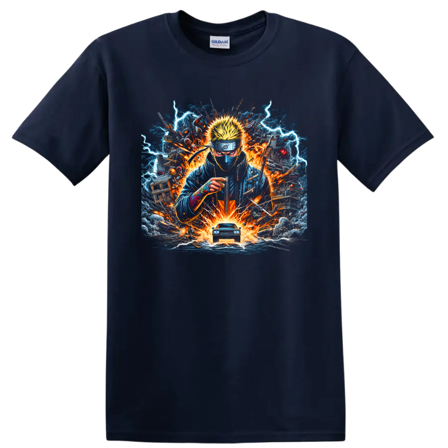 Kakashi Hatake anime action art with lightning, fire, storm clouds, and blue car on a Navy (Blue) T Shirt