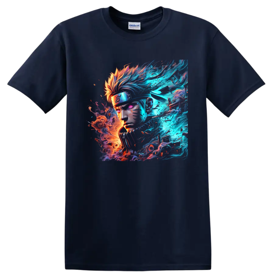 Naruto Uzumaki neon anime portrait with blue energy and orange fire effects on a Navy (Blue) T Shirt
