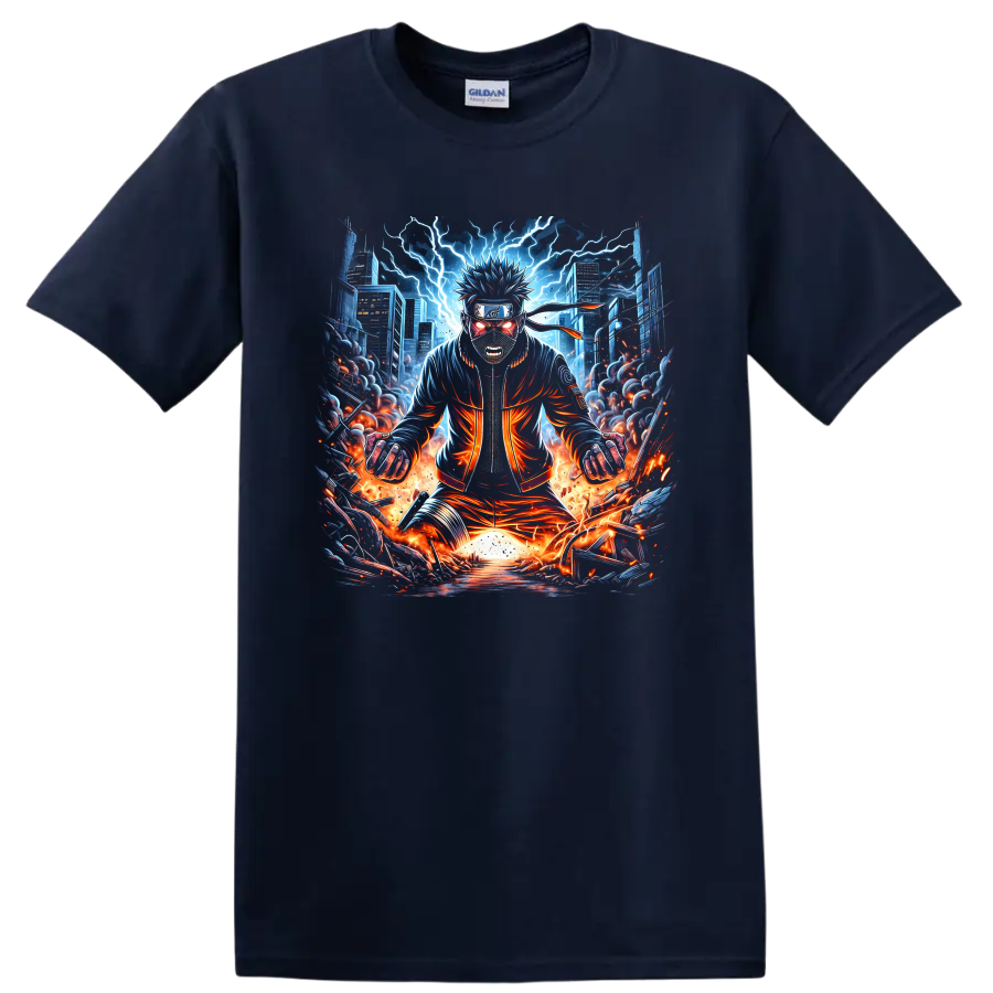 Naruto Uzumaki in cyberpunk anime style with lightning, flames, and a futuristic city on a Navy (Blue) T Shirt