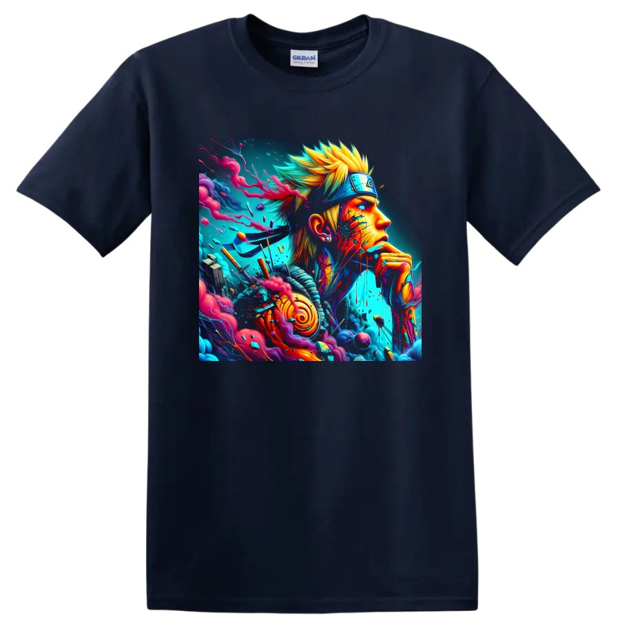 Naruto Uzumaki neon anime ninja portrait with swirling smoke and colorful energy art on a Navy (Blue) T Shirt