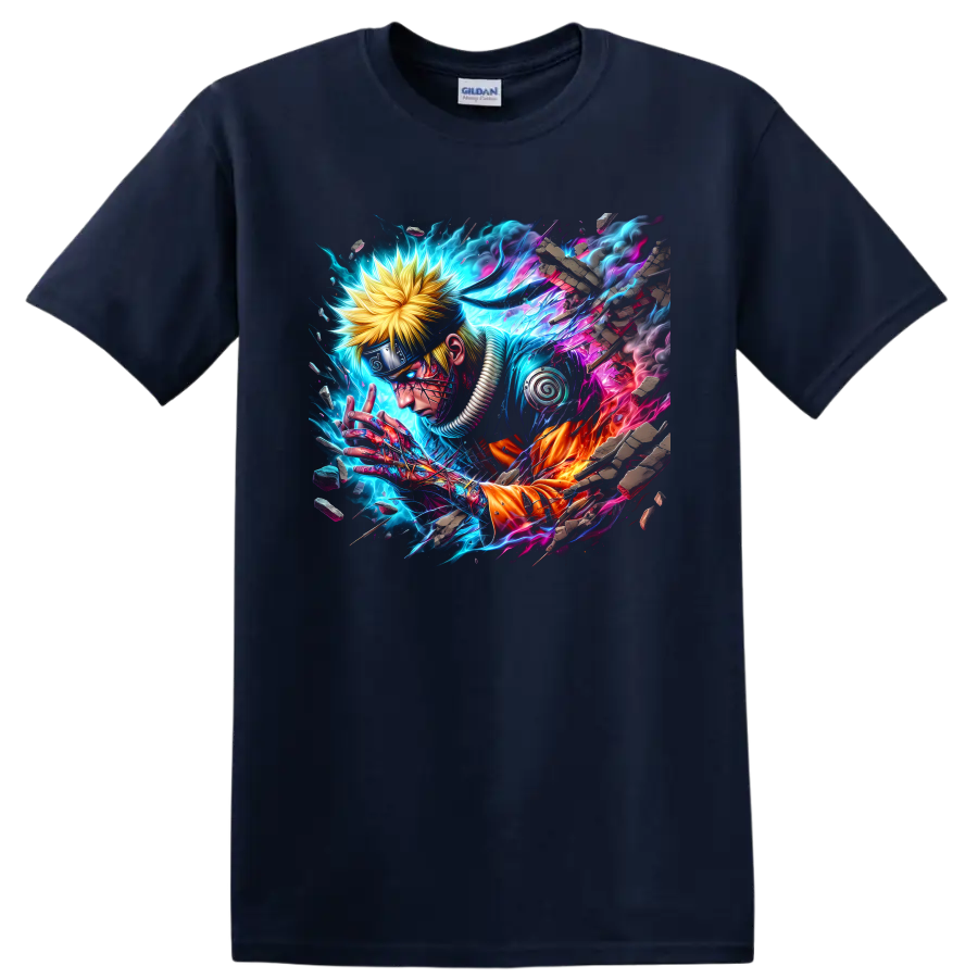 Naruto Uzumaki cyber ninja artwork with electric neon energy and shattered stone on a Navy (Blue) T Shirt