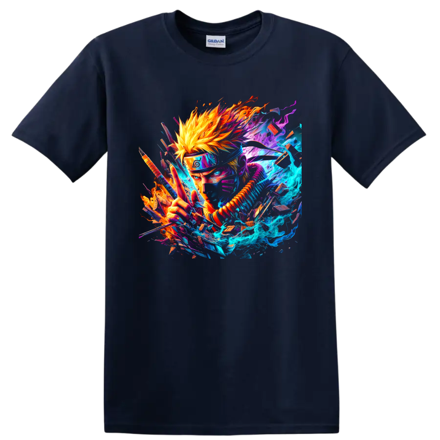 Naruto Uzumaki neon anime action graphic with blue energy and orange flames on a Navy (Blue) T Shirt