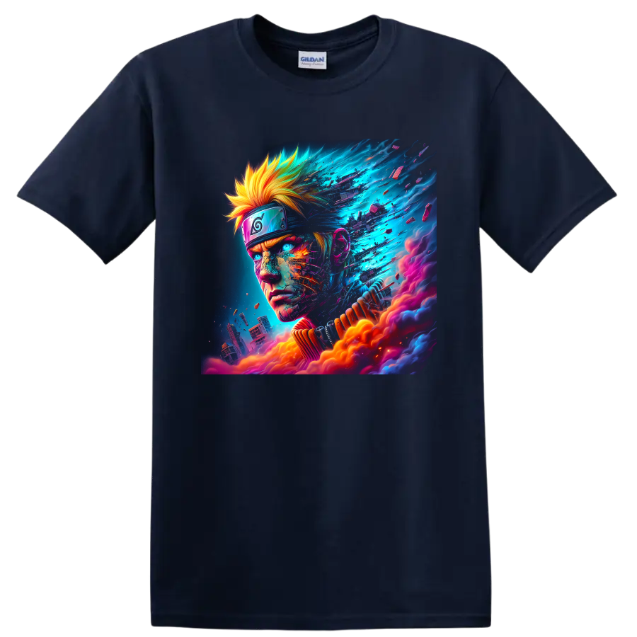 Naruto Uzumaki neon cyberpunk portrait with energy fragments and futuristic city on a Navy (Blue) T Shirt