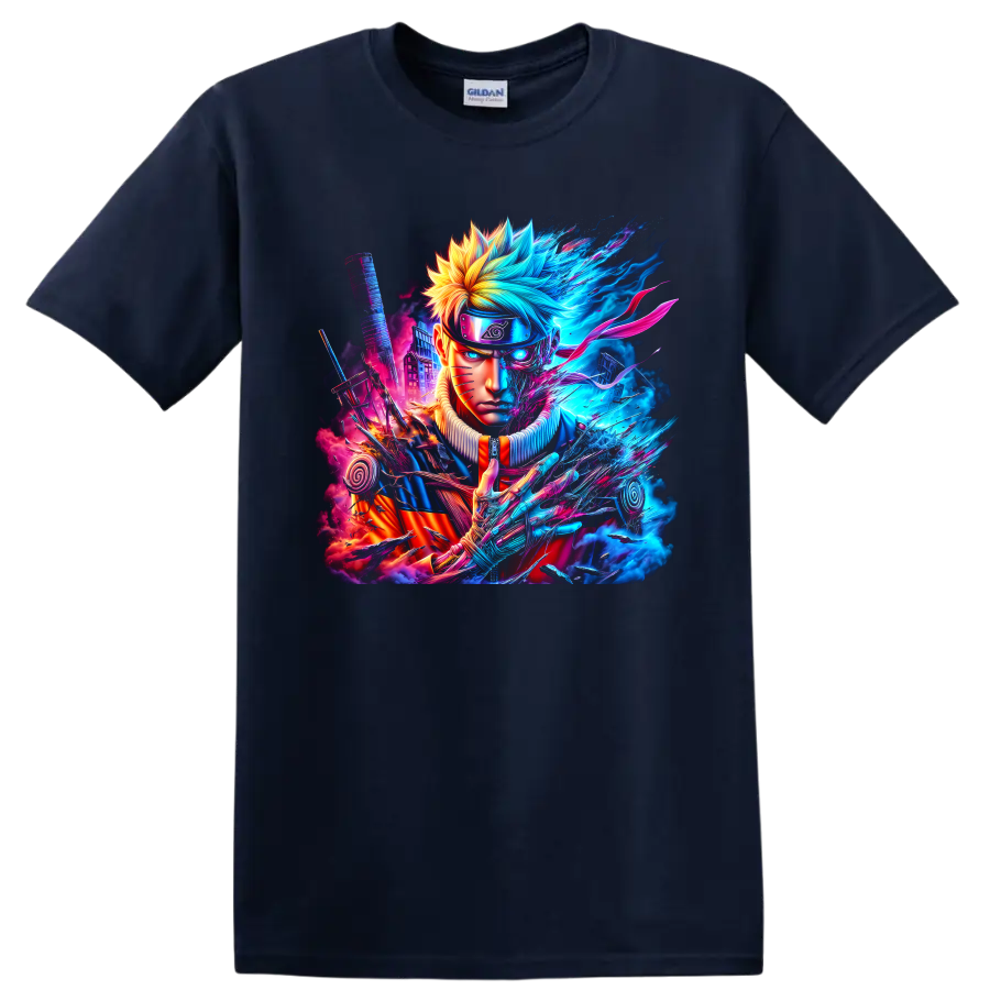 Naruto Uzumaki neon cyber ninja portrait with sword, spiral emblems, and energy effects on a Navy (Blue) T Shirt