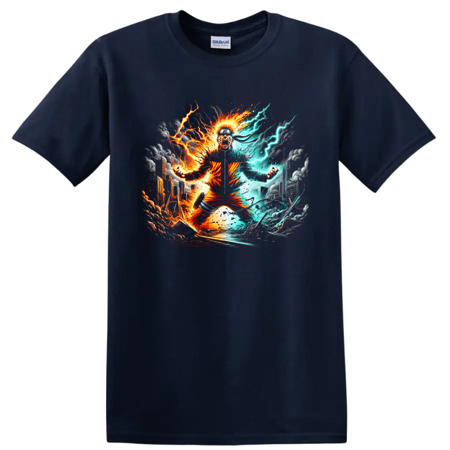 Naruto Uzumaki anime ninja with fiery orange energy and aqua lightning on a Navy (Blue) T Shirt