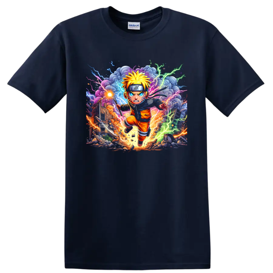 Naruto Uzumaki running in a vivid lightning battle anime graphic print on a Navy (Blue) T Shirt