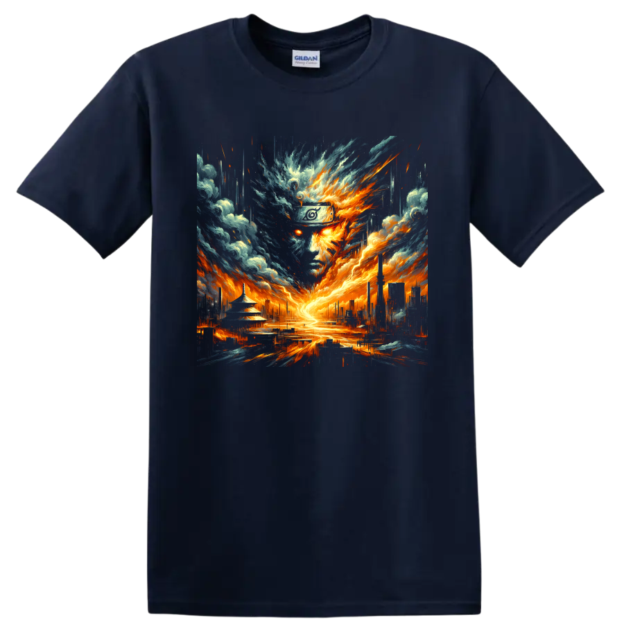 Naruto Uzumaki fiery storm portrait with a glowing cityscape in dramatic anime art on a Navy (Blue) T Shirt