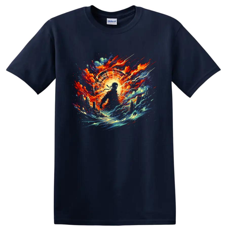 Naruto Uzumaki-inspired ninja with cosmic city, energy burst, waves, and lightning on a Navy (Blue) T Shirt