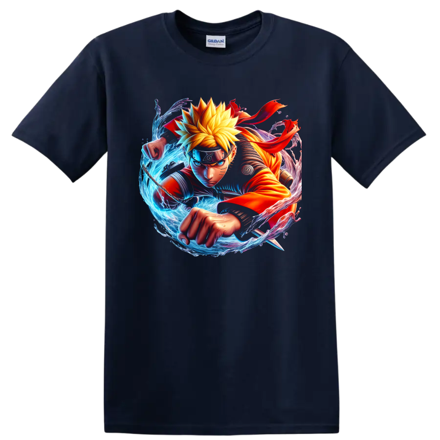 Naruto Uzumaki anime ninja action graphic with blue energy and fiery orange motion on a Navy (Blue) T Shirt