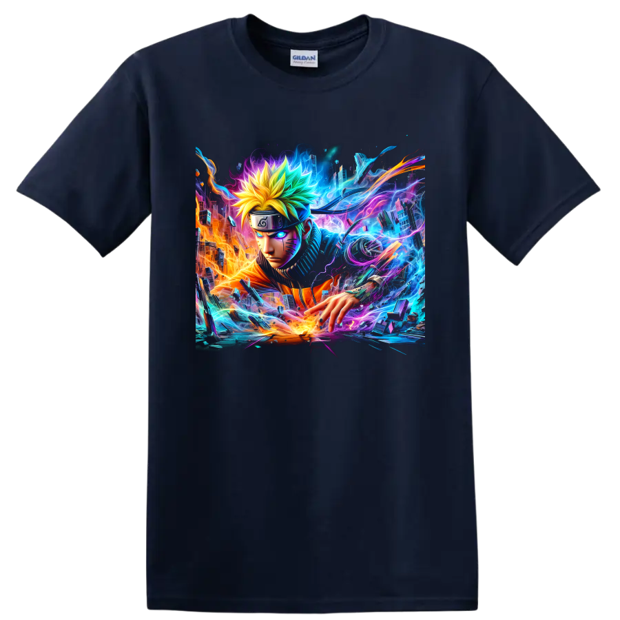 Naruto Uzumaki neon cyberpunk ninja graphic with glowing energy and futuristic city on a Navy (Blue) T Shirt
