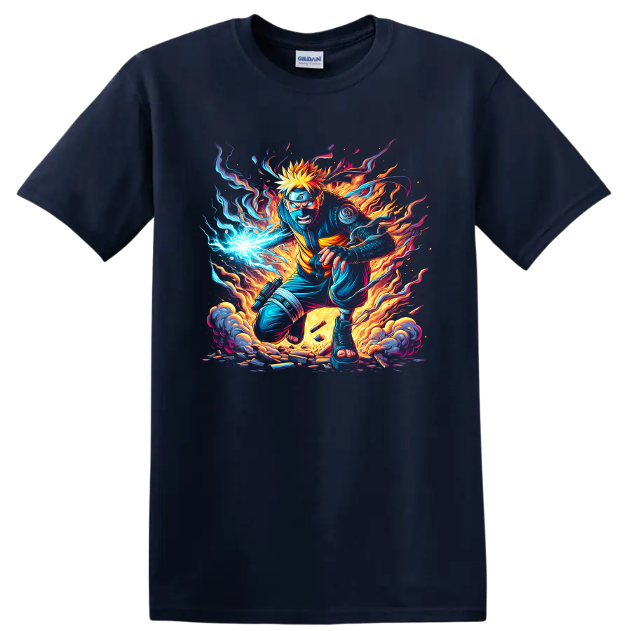 Naruto Uzumaki ninja action graphic with blue energy, flames, and smoke on a Navy (Blue) T Shirt