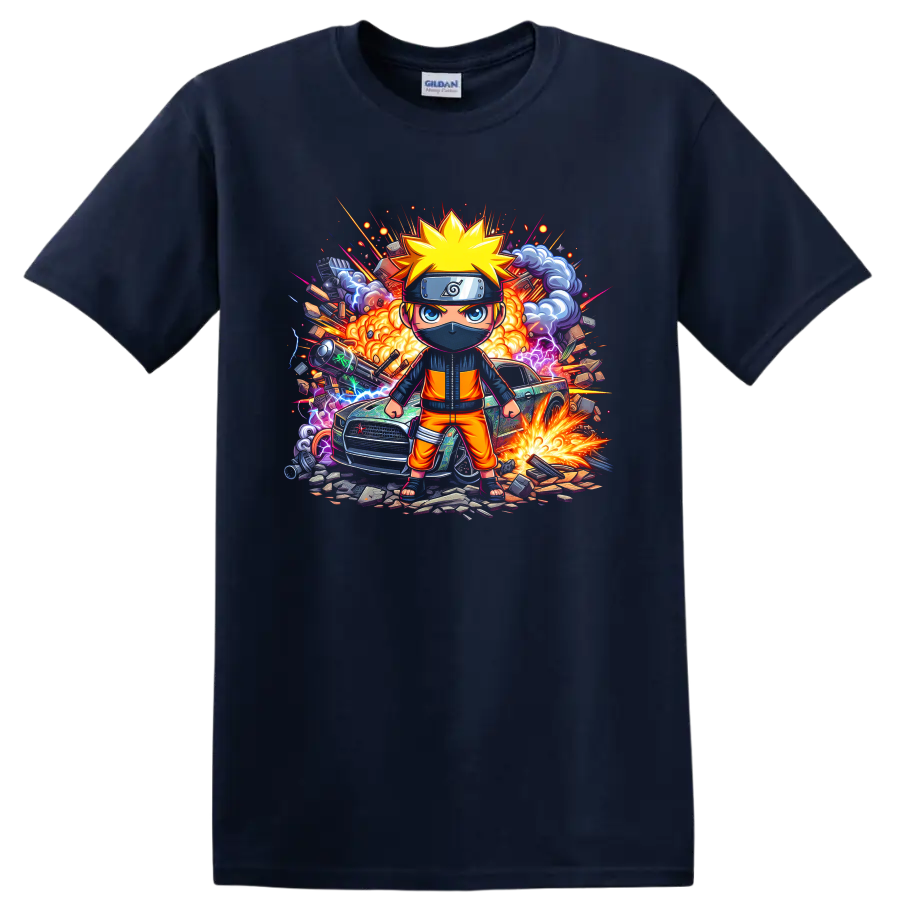 Chibi Naruto Uzumaki ninja with explosions, lightning, smoke, and sports car action on a Navy (Blue) T Shirt