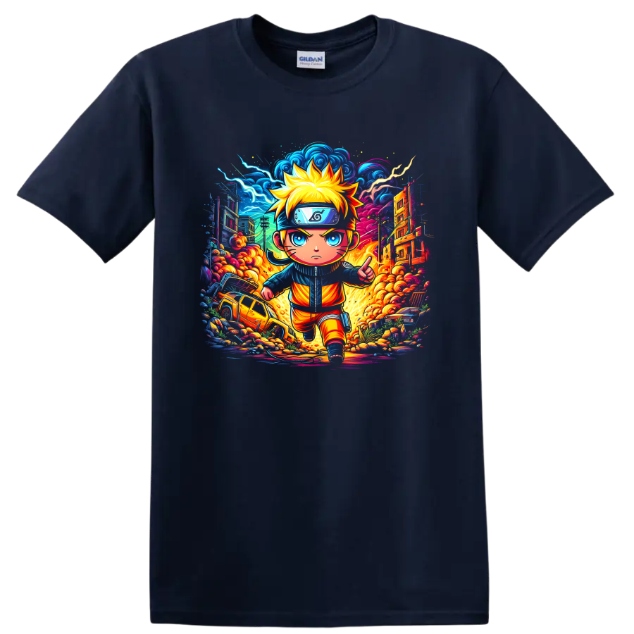 Naruto Uzumaki chibi ninja running through a neon lightning city action scene on a Navy (Blue) T Shirt
