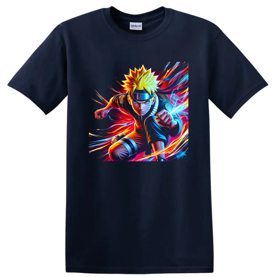 Naruto Uzumaki charging with Rasengan in vivid neon anime action art on a Navy (Blue) T Shirt