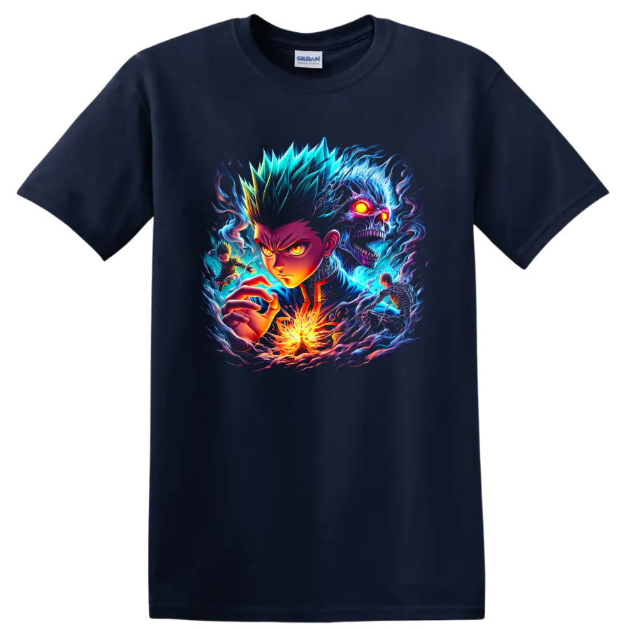Gon Freecss neon fantasy graphic with spectral skull, fire, and swirling energy on a Navy (Blue) T Shirt