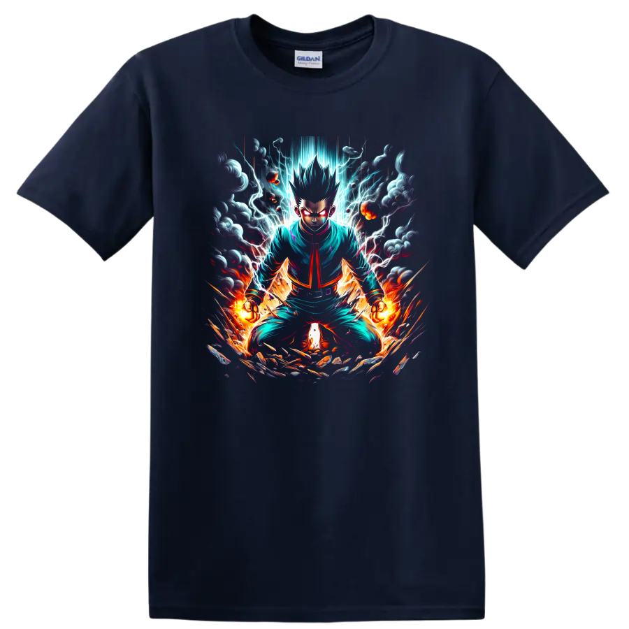 Hajime Kashimo anime warrior graphic with lightning, flames, and storm clouds on a Navy (Blue) T Shirt