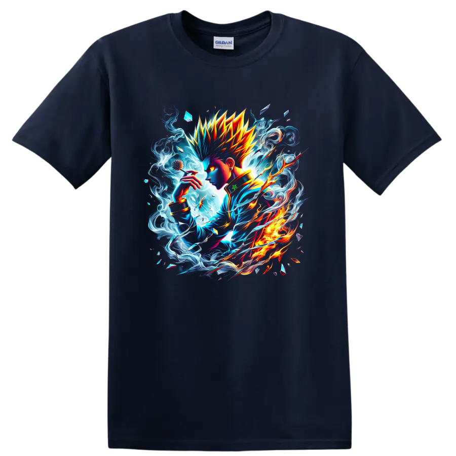 Killua Zoldyck anime portrait with electric blue energy and fiery fantasy artwork on a Navy (Blue) T Shirt