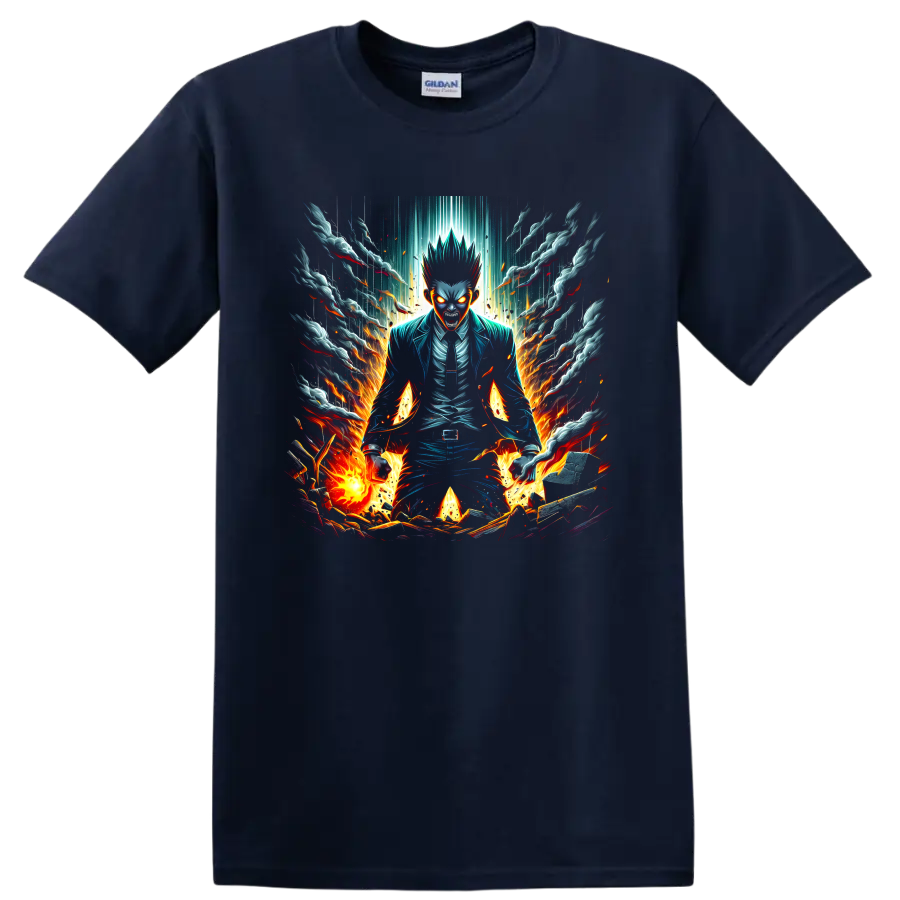 Souichi Kiruma Usogui manga-style graphic with flames, smoke, sparks, and glowing eyes on a Navy (Blue) T Shirt
