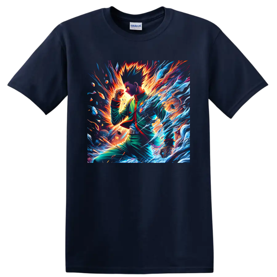 Gon Freecss and Killua Zoldyck anime battle art with blue energy and fiery light on a Navy (Blue) T Shirt