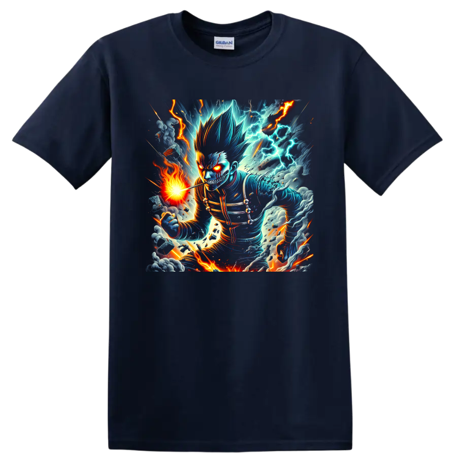 Cosmic Garou anime battle graphic with lightning, fire, storm clouds, and glowing eyes on a Navy (Blue) T Shirt