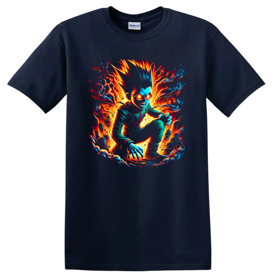 Gon Freecss in a fiery electric anime action graphic on a Navy (Blue) T Shirt