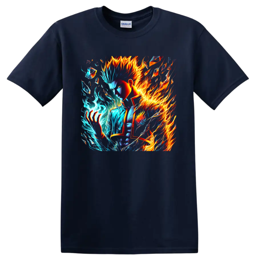 Shoto Todoroki fire and ice anime-style graphic with crystalline shards on a Navy (Blue) T Shirt