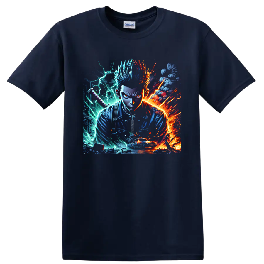 Gaku anime fighter graphic with blue and red hair, lightning, fire, sword hilt, and car on a Navy (Blue) T Shirt