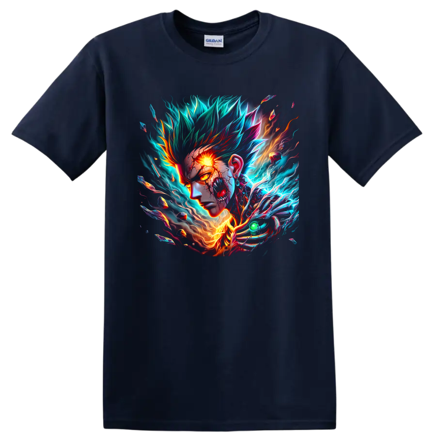 Cosmic Garou neon energy portrait with blazing eye, lightning, flames, and shards on a Navy (Blue) T Shirt