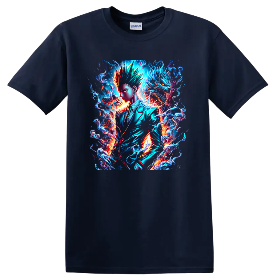 Kaji Takaomi neon fantasy art with a blue dragon, flames, and swirling energy on a Navy (Blue) T Shirt