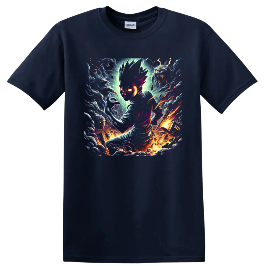 Glowing-eyed anime fighter with shadow beasts, lightning, and fiery fantasy art on a Navy (Blue) T Shirt