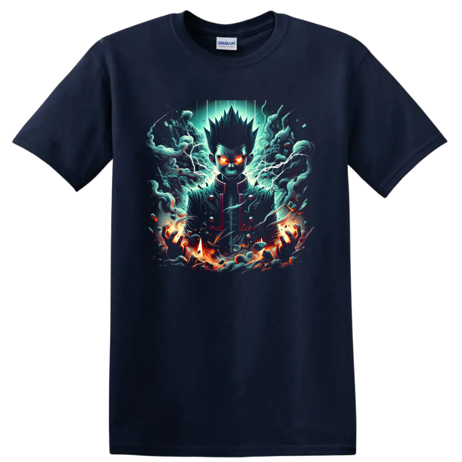 Shigeo Kageyama dark psychic anime art with lightning, teal vapor, and flames on a Navy (Blue) T Shirt