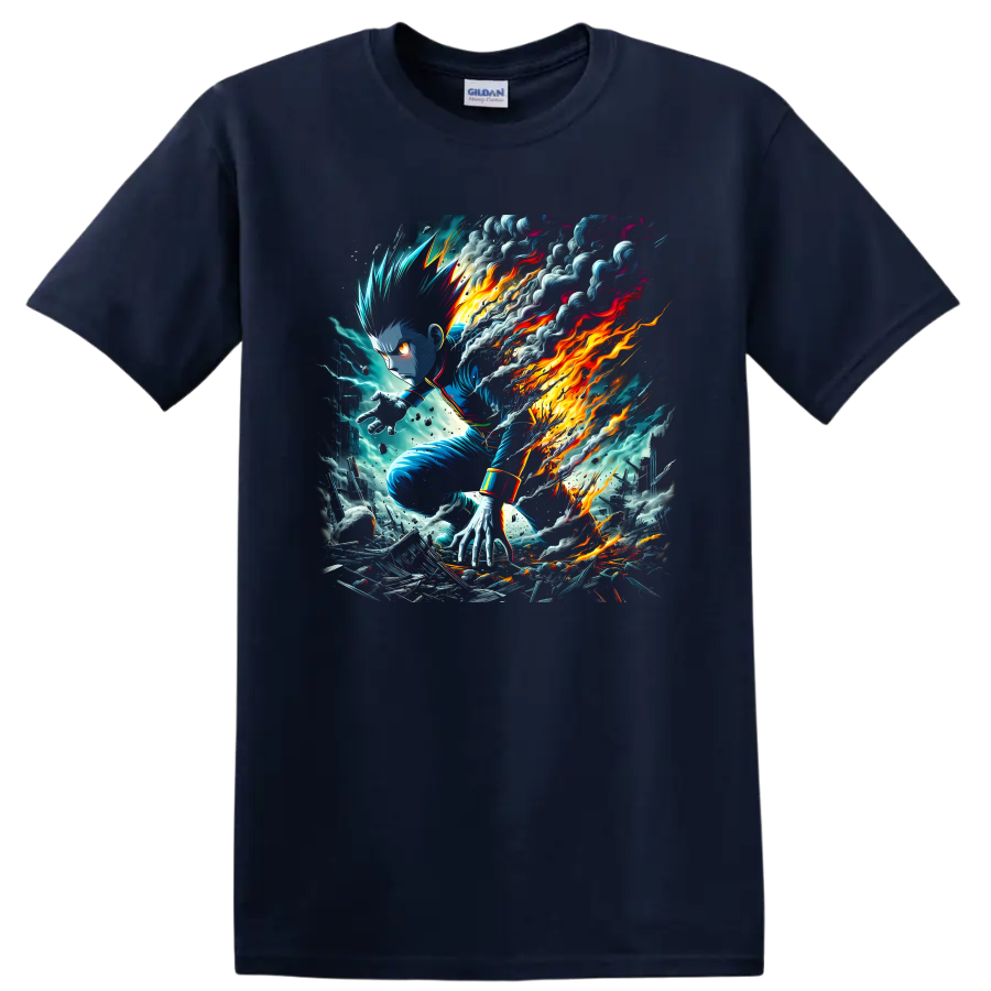 Killua Zoldyck action artwork with blue lightning, smoke, and blazing energy on a Navy (Blue) T Shirt