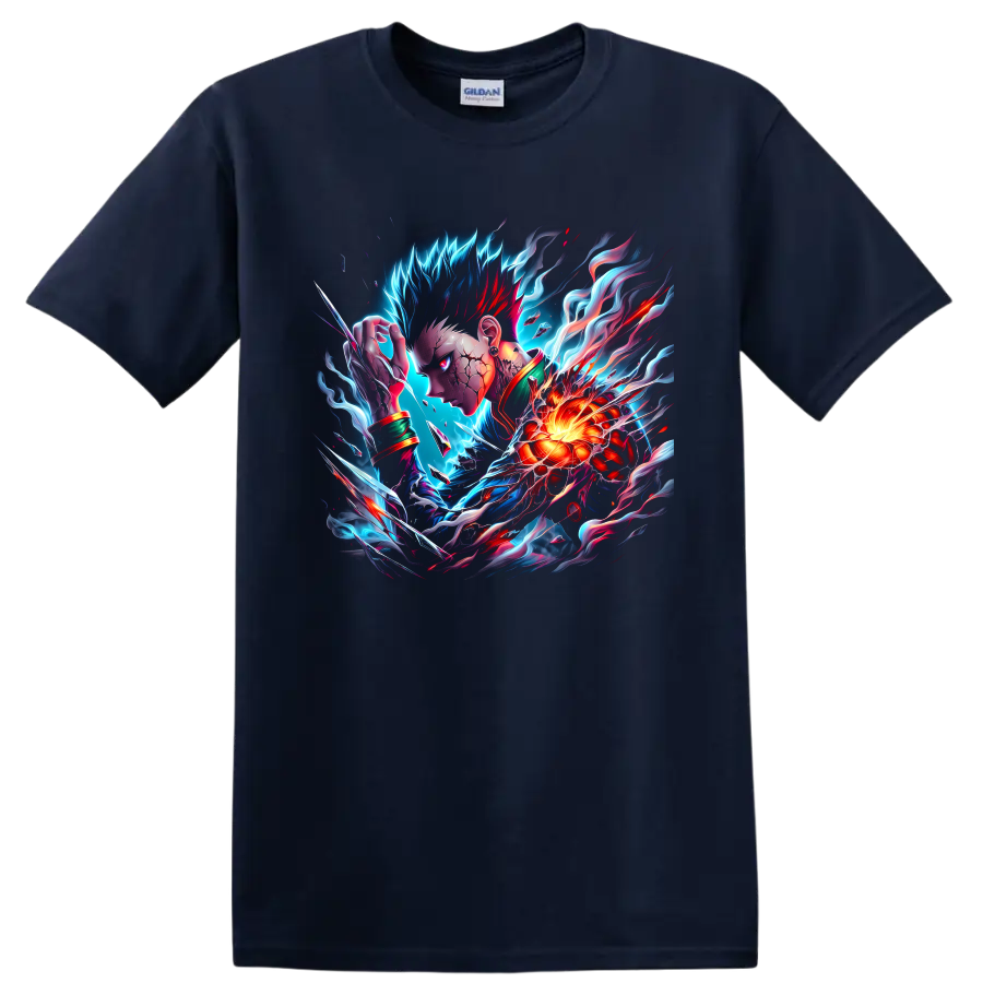 Lord Boros-inspired anime warrior with glowing energy core and cosmic battle effects on a Navy (Blue) T Shirt