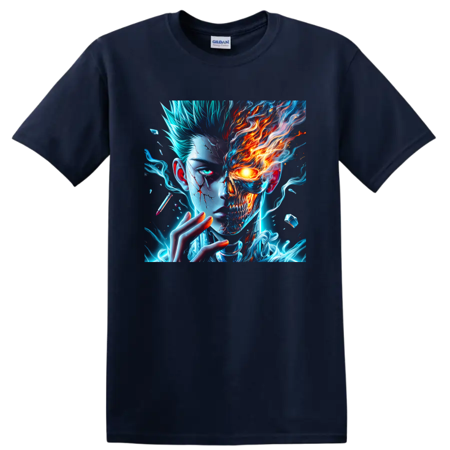 Dabi split-face cyberpunk graphic with blue energy, flames, and skeletal skull detail on a Navy (Blue) T Shirt