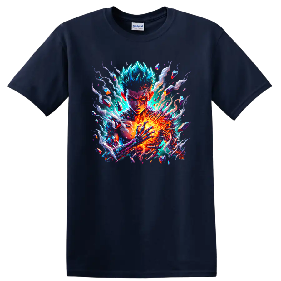 Cosmic Garou neon energy anime artwork with crystal shards and fiery cosmic effects on a Navy (Blue) T Shirt