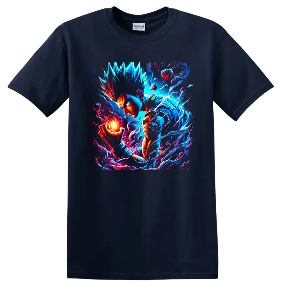 Garou warrior with neon blue energy, flame orb, and shards in vivid anime art on a Navy (Blue) T Shirt