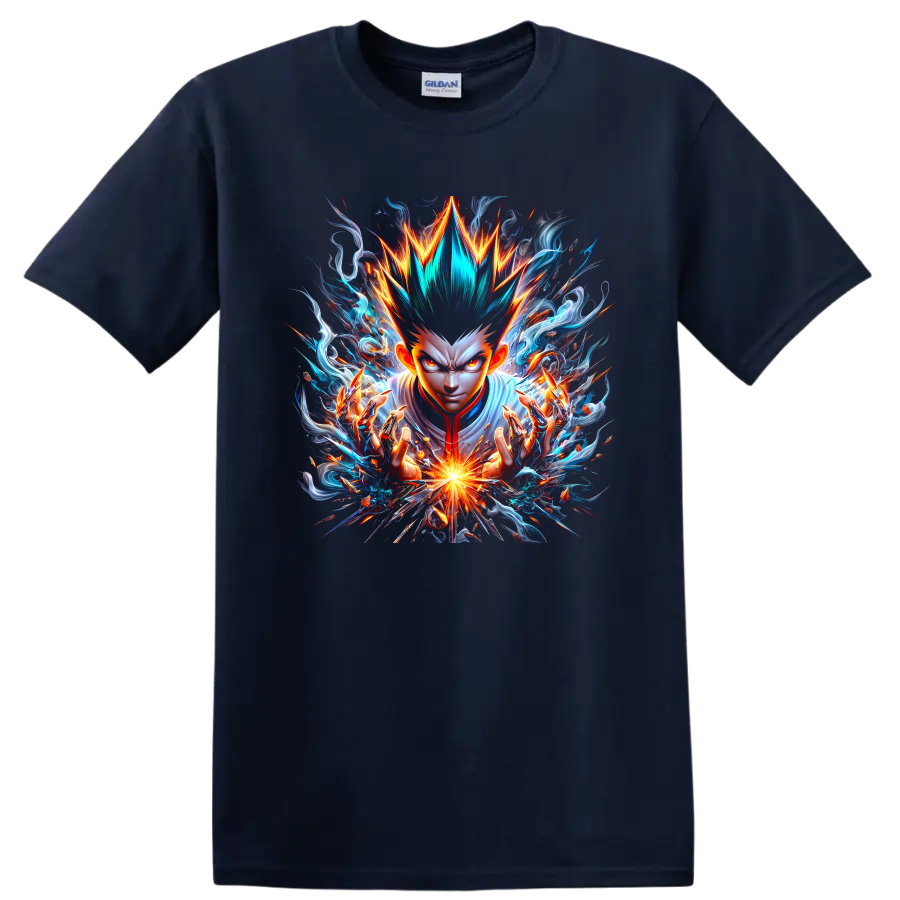 Gon Freecss with spiky hair and radiant energy in dramatic anime action art on a Navy (Blue) T Shirt