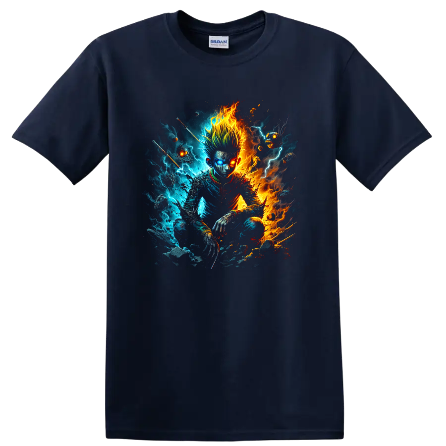 Hunter × Hunter elemental warrior graphic with blue lightning and orange flames on a Navy (Blue) T Shirt