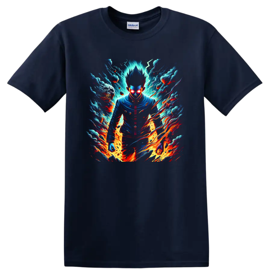 Shigeo Kageyama psychic energy anime graphic with lightning, clouds, and flames on a Navy (Blue) T Shirt
