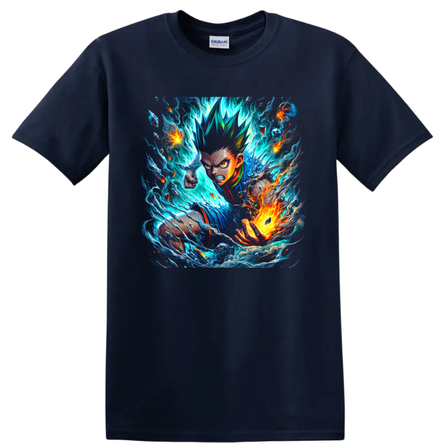 Adult Gon Freecss anime art with blue energy waves and orange fire on a Navy (Blue) T Shirt