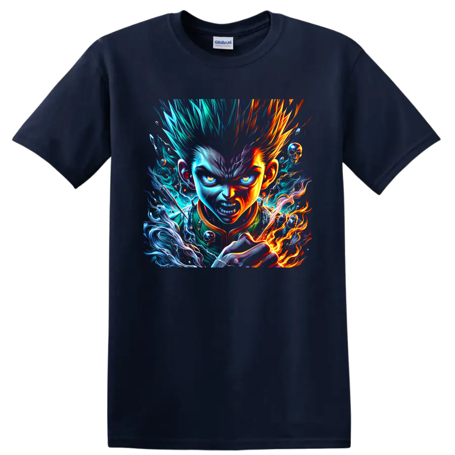 Fierce anime warrior portrait with blue lightning, orange fire, smoke, and skull accents on a Navy (Blue) T Shirt