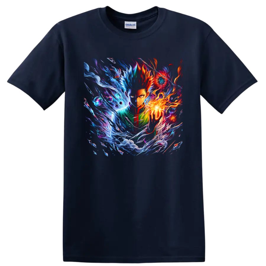 Gon Freecss and Killua Zoldyck elemental anime energy graphic with flames and blue waves on a Navy (Blue) T Shirt
