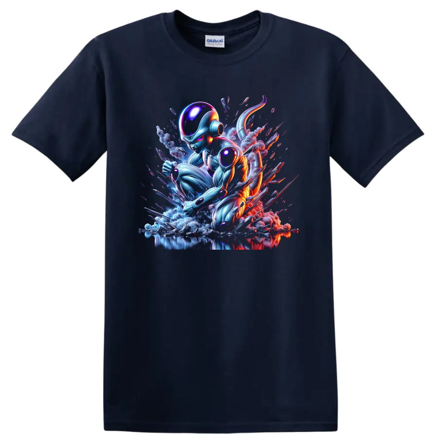 Metal Cooler cybernetic battle art with glowing armor, smoke, and shattered fragments on a Navy (Blue) T Shirt