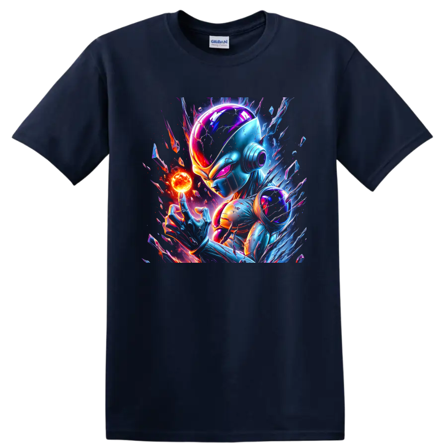 Frieza Dragon Ball cyberpunk art with glowing energy orb and cosmic crystal shards on a Navy (Blue) T Shirt