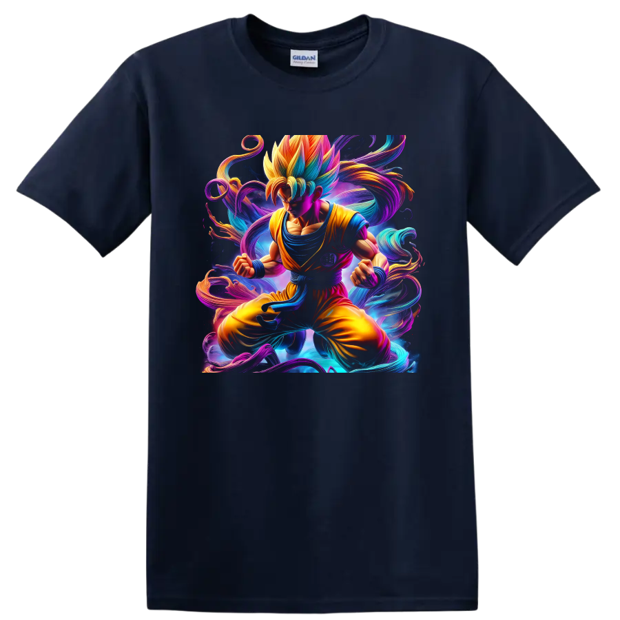 Goku Super Saiyan anime artwork with swirling neon energy and cosmic background on a Navy (Blue) T Shirt