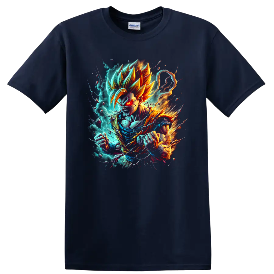 Goku Ultra Instinct anime fighter with turquoise energy aura and fiery action effects on a Navy (Blue) T Shirt