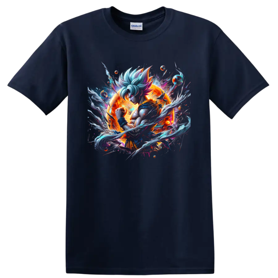 Goku Ultra Instinct cosmic anime warrior graphic with orange energy and swirling effects on a Navy (Blue) T Shirt