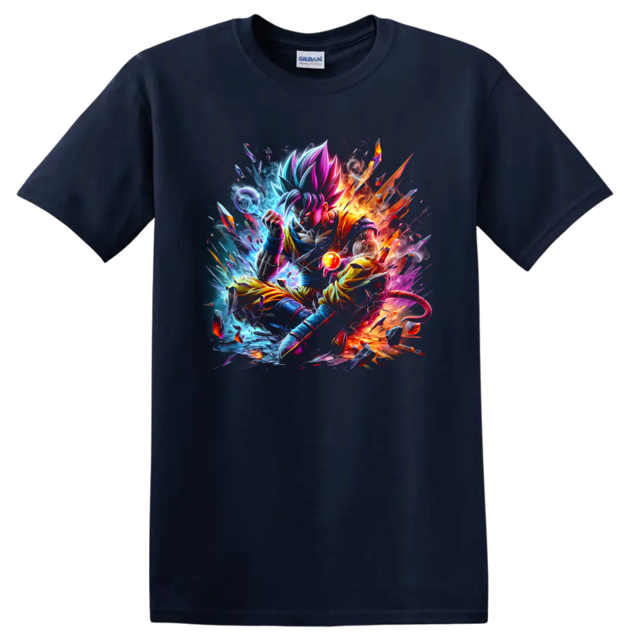 Goku Ultra Instinct in explosive blue and orange anime battle art with energy orb on a Navy (Blue) T Shirt