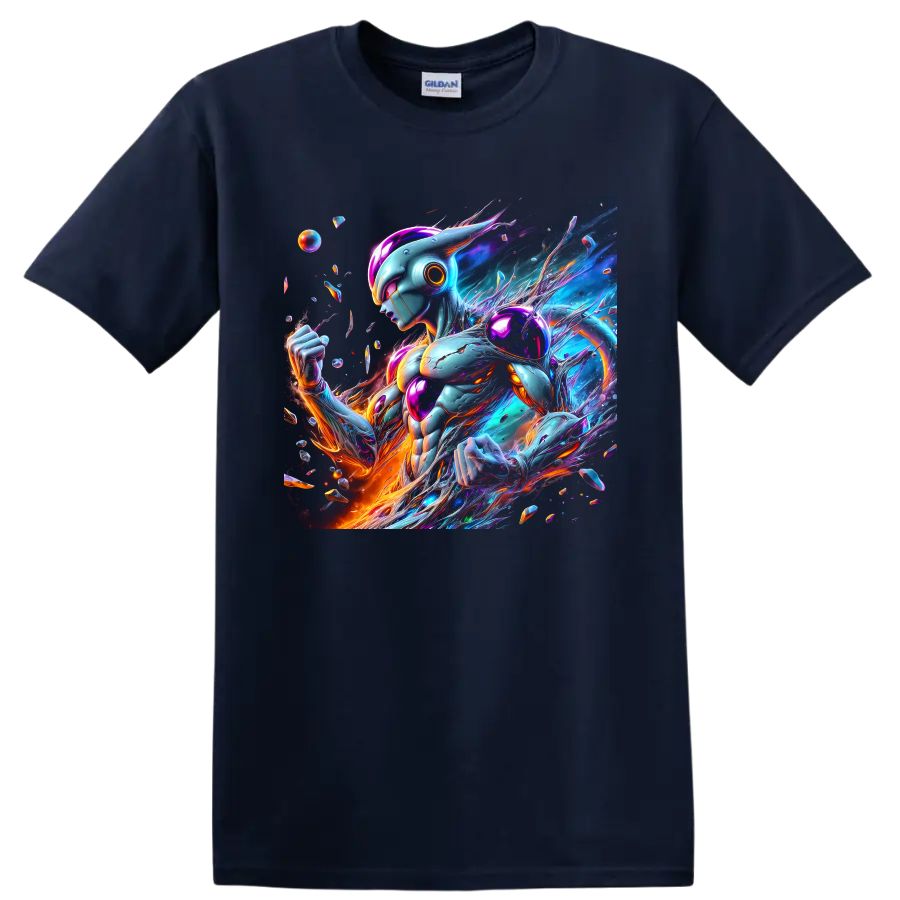 Metal Cooler cybernetic warrior in vivid cosmic neon anime art on a Navy (Blue) T Shirt